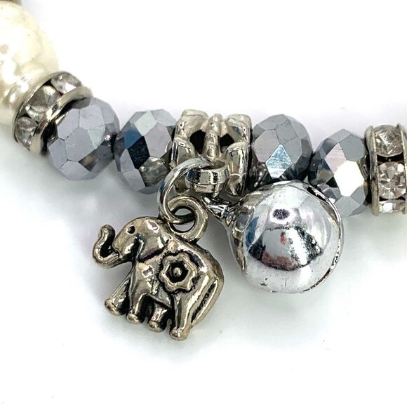 Beaded Elephant Stretch Charm Bracelet Silver Faux Pearl NIB - Picture 3 of 7